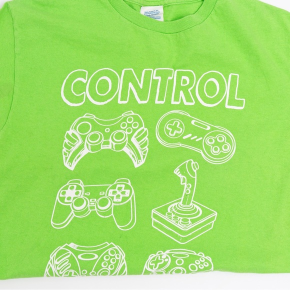 Bright green comfy t-shirt “Control Freak” with video game controllers boys YL - Picture 6 of 8